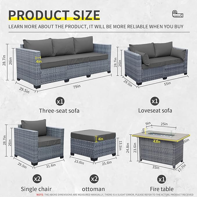 7 Piece Wicker Patio Furniture Sets Outdoor Conversation Set, PE Rattan Sectional Sofa Couch with Fire Pit Table and Non-Slip Grey Cushions, Furniture Covers Included