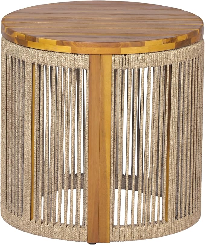 Christopher Knight Home Kimmy Outdoor Side Table with Rope Accent, Acacia Wood Coffee Table, Patio Round Side Table, Weather Resistant Accent Table for Outdoor Patio Furniture Set, Brown + Teak