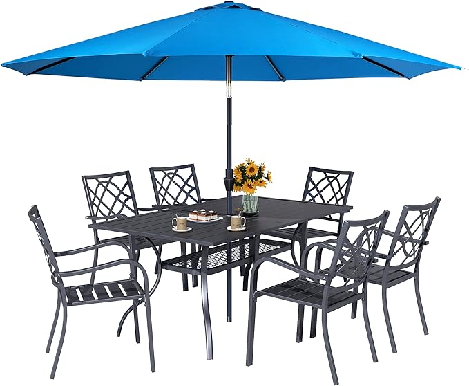 Crownland 7 Piece Outdoor Patio Metal Dining Sets, 6 Stackable Metal Chairs and Rectangular Outdoor Dining Table with with Sky Blue 9FT Round Outdoor Umbrella, for Backyard, Garden (Classic Black)