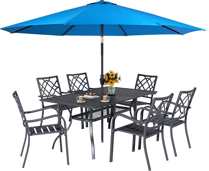 Crownland 7 PCS Furniture Patio Dining Set, 6 Stackable Metal Chairs and Rectangular Outdoor Dining Table with Sky Blue 9FT Round Outdoor Umbrella (Metal Tabletop)