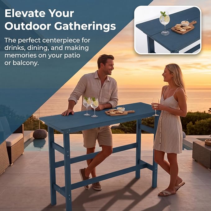 Outdoor Bar Table, HDPE Patio Pub Table, Weather-Resistant Tall Console Table for Backyard, Balcony & Garden, Durable All-Weather High Top Table, Easy Maintenance,Blue