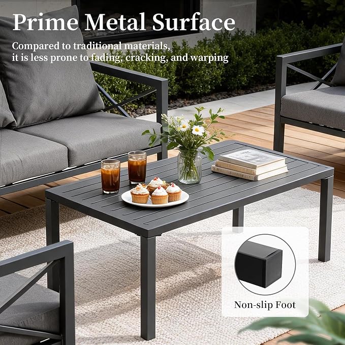 4-Piece Patio Furniture Set – All-Metal Outdoor Sectional Couch with X-Shaped Armrests, 4" Cushions & Coffee Table, Modern Patio Conversation Set for Porch, Balcony, or Deck (Grey)