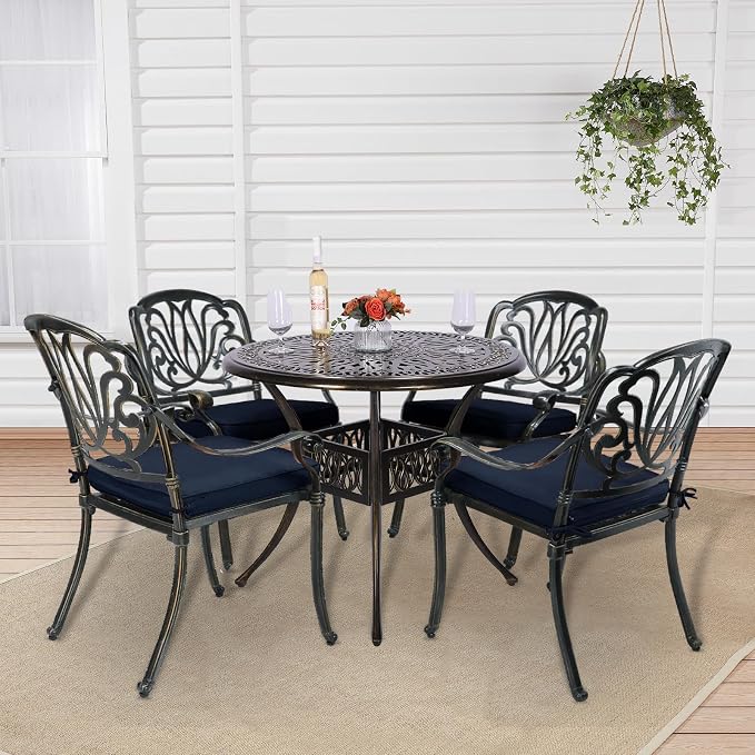 5-Piece Outdoor Patio Dining Set, All-Weather Cast Aluminum Patio Table Set, Include 4 Cushioned Chairs and a 35.4 inch Round Table w/Umbrella Hole for Balcony Garden Backyard, Navy Blue