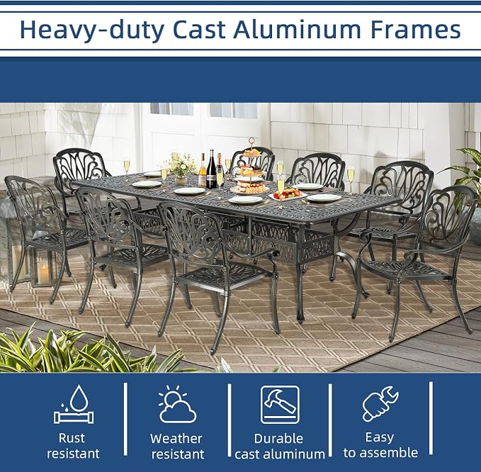 9-Piece Patio Cast Aluminum Dining Set, Outdoor Dining Furniture Set for 8 Person, Includes 94.5" Rectangular Dining Table and 8 Chairs with Umbrella Hole for Patio Deck Garden