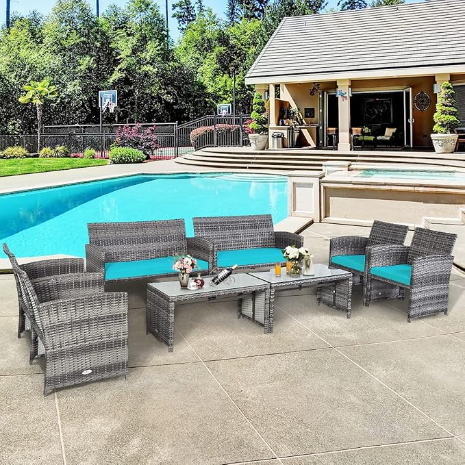 COSTWAY Patio Furniture Set 8 Pieces, Outdoor Wicker Chairs Sofa w/Coffee Table and Soft Cushions, Rattan Conversation Sets for Patio Lawn Backyard Yard Pool Garden, Turquoise