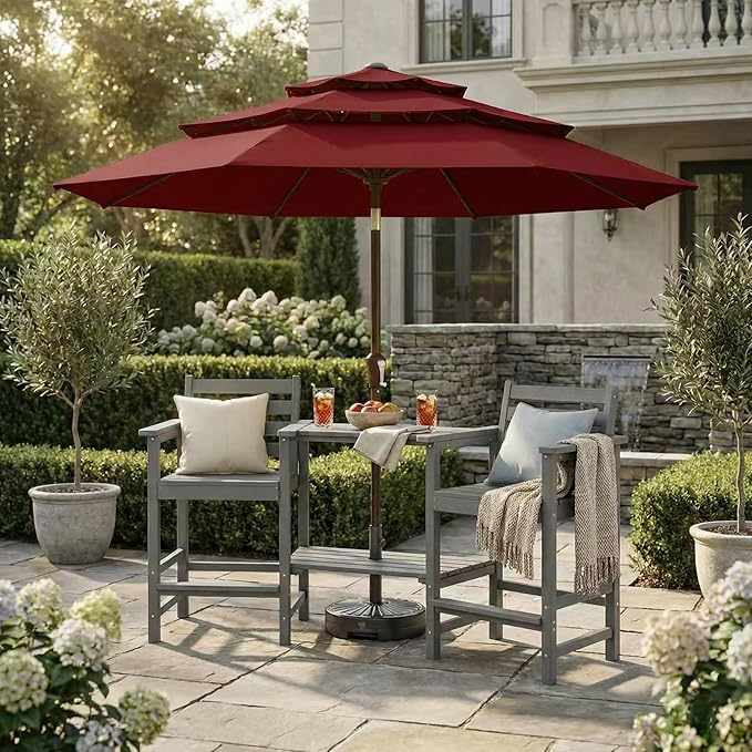 Kingdura 9ft 3-Tier Patio Umbrella, Outdoor Table Umbrella with Easy Crank & Tilt, 8 Reinforced Ribs, UV Protection for Deck, Pool, Market, Backyard (Dark red)