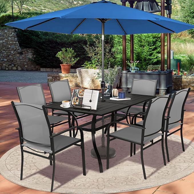 SUNCROWN 8 Pieces Outdoor Dining Set, Patio Furniture Set with 6 Textilene Dinning Chairs, 1 Rectangle Metal Table and 1 Dark Blue 9Ft Patio Umbrella for Garden Backyard Lawn Deck, Grey