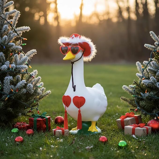 Funny Porch Goose Summer Decor Set Hat, Sunglasses & Tassel Skirt for 17'' & 24'' Lawn Geese Outdoor Yard Decoration (Heart Fringe)