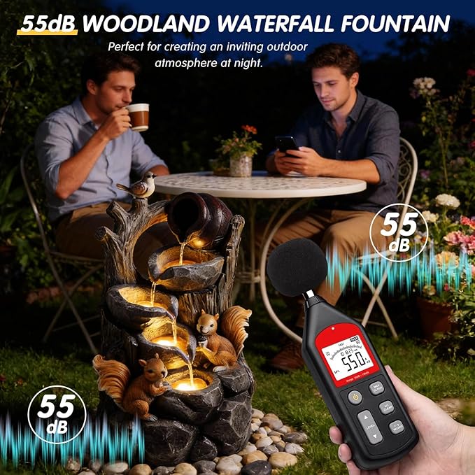 30.1" Water Fountain Outdoor with LED Lights, Squirrel Style Waterfall Fountains with Pump, Floor-Standing Resin Water Feature for Garden Patio Backyard Deck Porch Home Decor (Gray-30.1" H Squirrel)