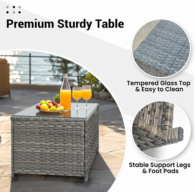 ovios Outdoor Side Table with Tempered Glass Top, Patio Wicker Coffee Table, Rattan Bistro End Table for Porch Deck Balcony Garden Poolside, Grey