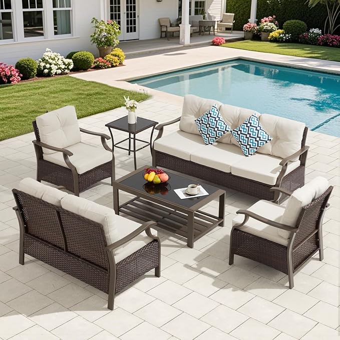 Outdoor Patio Furniture Set, 6 Pieces Outdoor Conversation Sets with Coffee Table & Side Table, Wicker Rattan Outdoor Sectional Sofa Set for Backyard, Deck, Porch, Poolside, Beige