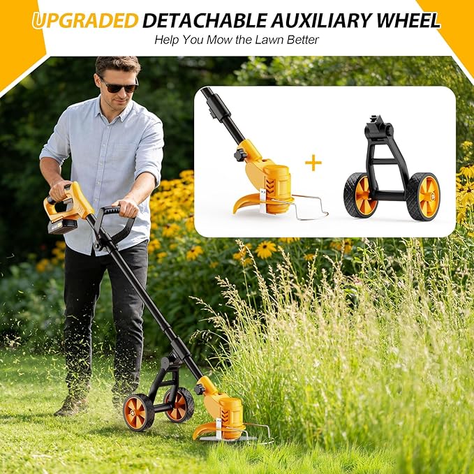Electric Weed Wacker Cordless, Electric String Trimmer with 3 Types Blades & Removable Auxiliary Wheels, Brush Cutter & Grass Trimmer & Lawn Edger with for Garden Yard