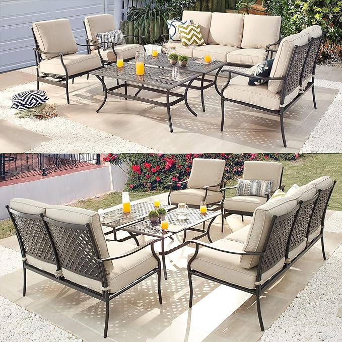 Patio Conversation Set 6 Pieces Outdoor All Weather Furniture Seating Sets with Beige Thick Cushions