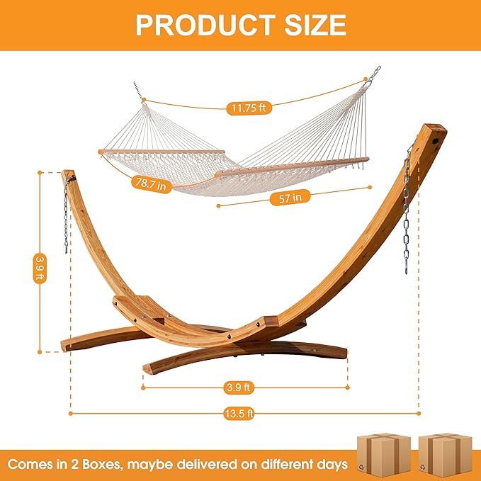 Lazy Daze Hammocks 12 FT Double Rope Hammock and 13 FT Natural Wood Arc Stand, 2 Person Hand Woven Cotton Hammock with Spreader Bar for Outdoor Patio Poolside, 450 lbs Capacity, Natural