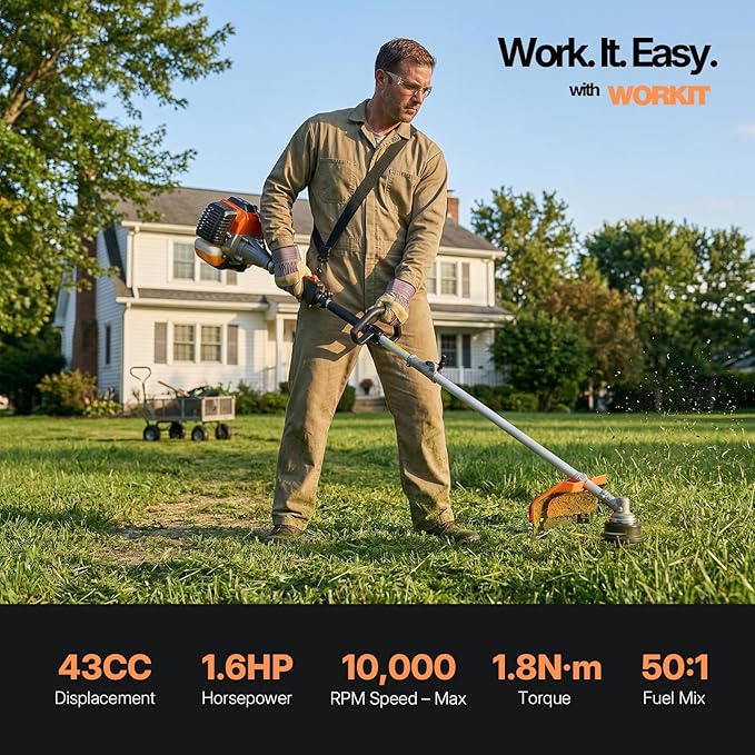 WORKIT 5-in-1 Gas Weed Eater 43CC 2-Stroke Weed Wacker Grass Trimmer 18" String Trimmer 3T/40T Brush Cutter, Hedge Trimmer Pole Saw, Heavy-Duty for Men & Professional Lawn Care