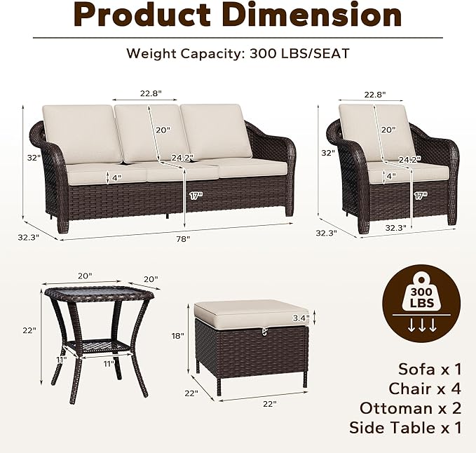 8 Piece Patio Wicker Conversation Set, All-Weather Use Outdoor Wicker Sofa with 2 PE Rattan Ottomans,4 Chair, 1 Side Table, Ideal for Porch, Backyard, Balcony, Poolside, Beige