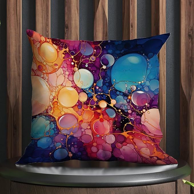 Ink Rainbow Shapes with Gold Pillowcase Abstract Alcohol Ink Textures Throw Pillow Cover Farmhouse Outdoor Waterproof Decorative Pillow Cover for Patio Couch Bench 16x16 in