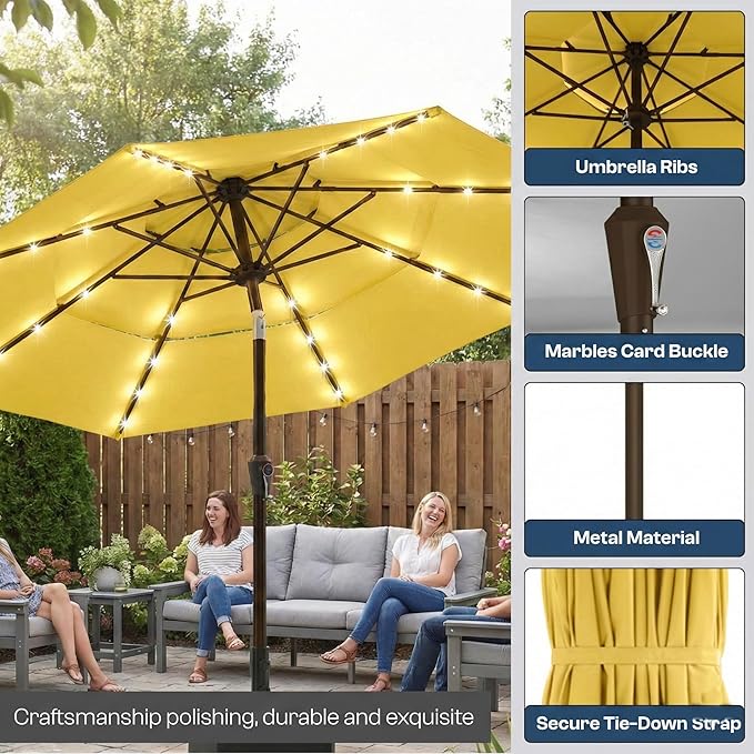 10ft 3-Tier Patio Umbrella with 32 Solar Powered LED Lights, Windproof Outdoor Market Umbrella for Deck, Poolside & Garden, Sturdy Push-Button Tilt Table Umbrella, Yellow