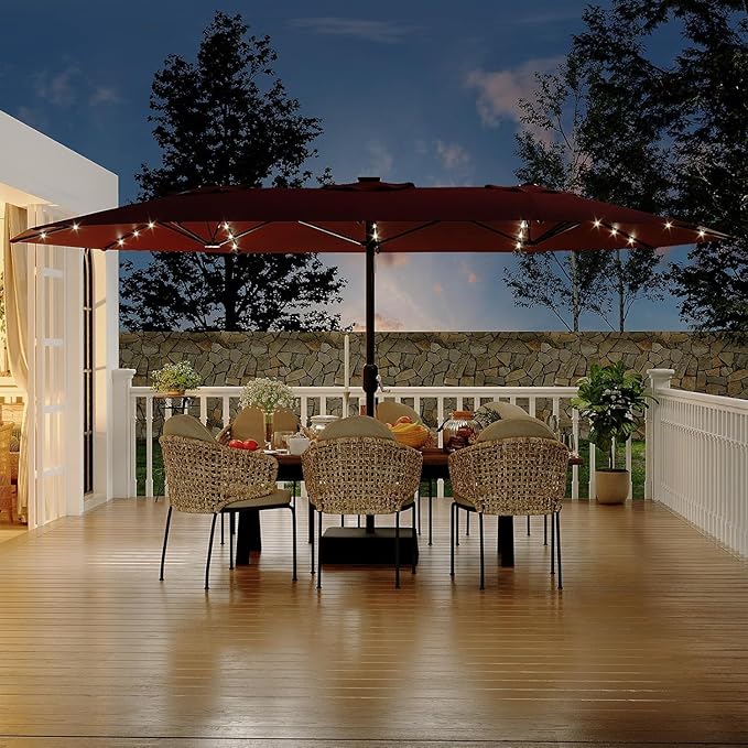 Garvee 15 ft Rectangular Patio Umbrella with Solar Lights & Base Included - Large Patio Umbrella with Crank Handle 36 LED Lights, UV Protection for Outdoor Market, Backyard, Deck, Pool, Burgundy