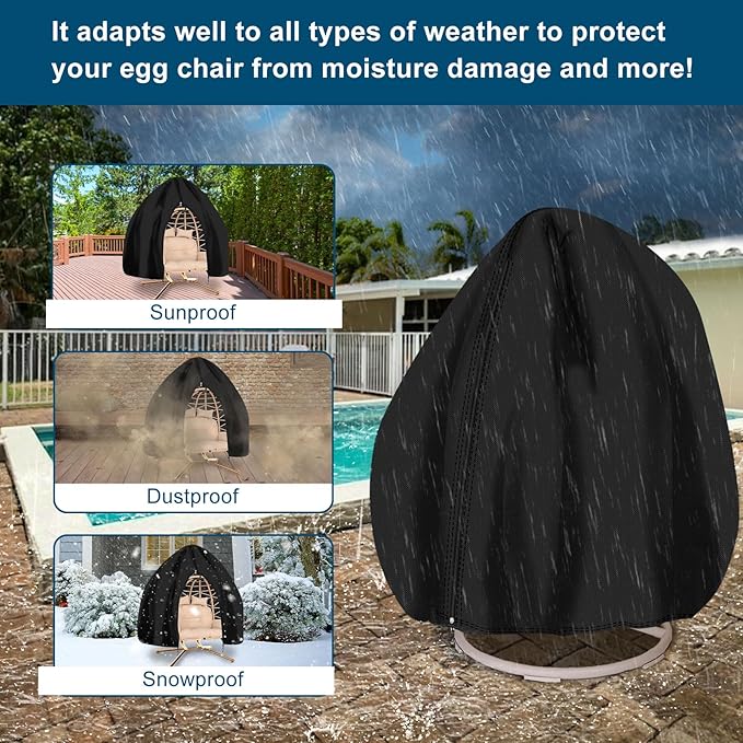 RICHIE Upgraded 75”x45” Patio Egg Chair Covers Waterproof & UV Resistant, Heavy-Duty Zippered Cover for Outdoor Egg Swing Chairs, Hanging Chairs, All-Weather Protection for Garden, Balcony, Black