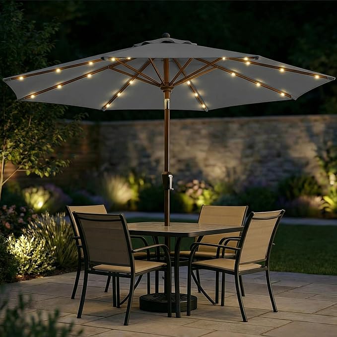 10FT Solar Patio Umbrella with Lights, Outdoor Table Market Umbrella with 32 LED Lights, 8 Sturdy Ribs, Push Button Tilt and Crank for Pool, Deck and Garden, UV-Resistant