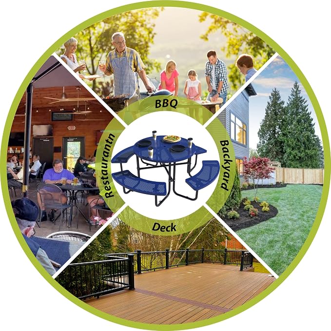 46'' Round Outdoor Metal Picnic Table Expanded,Lifetime Steel Picnic Table with Umbrella Hole,Heavy Duty Sturdy Commercial for Patio, Backyard, Garden (Includes 4 Built-in Benches) Blue
