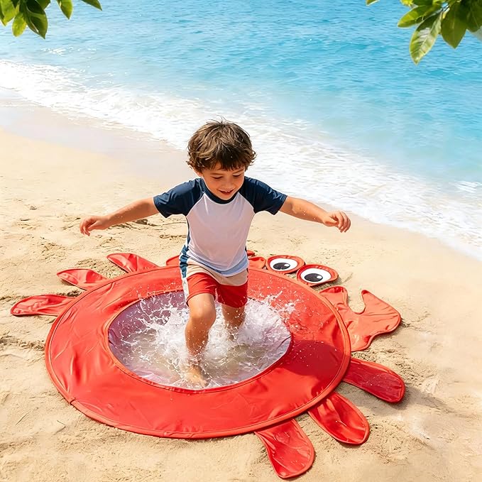 RunNico Pop Up Beach Pool, Portable Toddler Beach Pit with Water Bag and Storage Bag, Cute Shape Beach Pool Puddle for Outdoor Summer Beach Camping Traveling Vacation (Crab)
