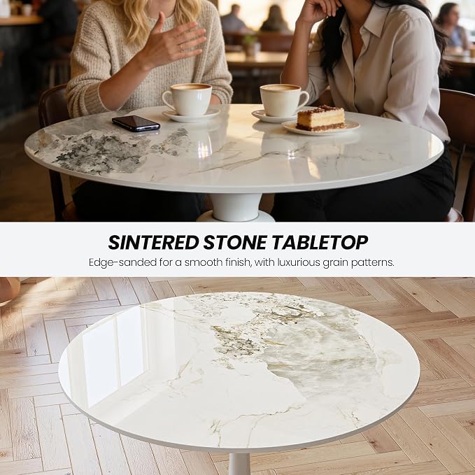 Table Top 35.4″ Round Ivory Sintered Stone - Heat Scratch Stain Resistant for Dining Office Bar Patio, Weatherproof Easy Clean