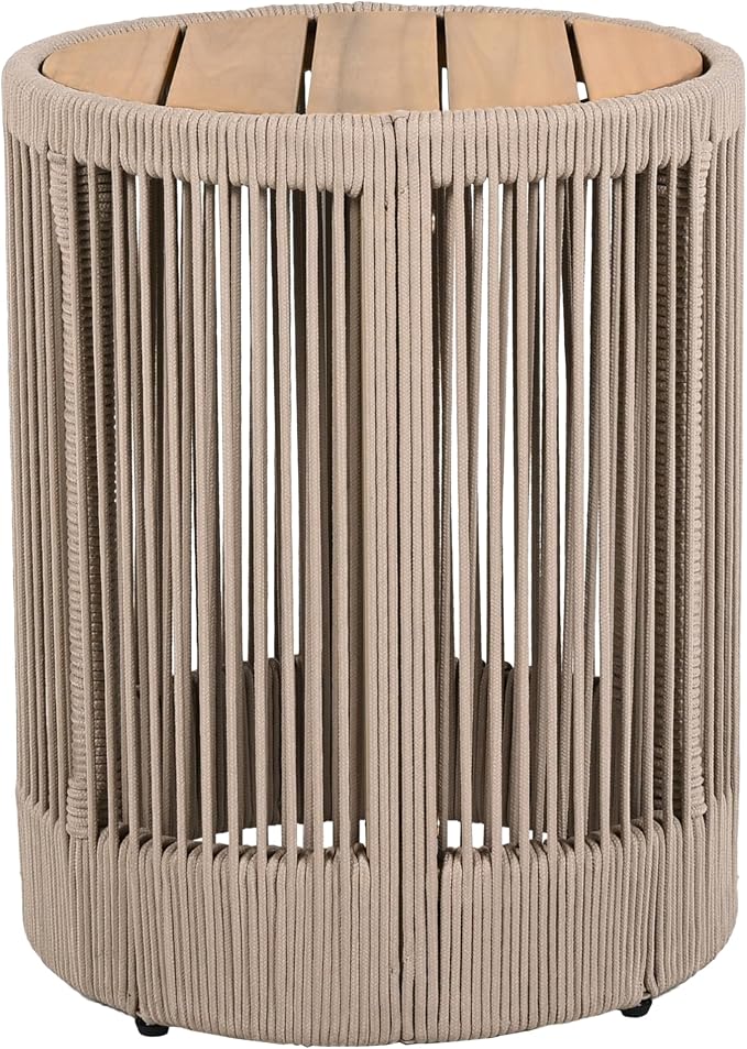 IRONORA Outdoor Rattan Rope & Acacia Wood Side Table - Patio Balcony Furniture for Garden, Yard, Balcony - Weather Resistant