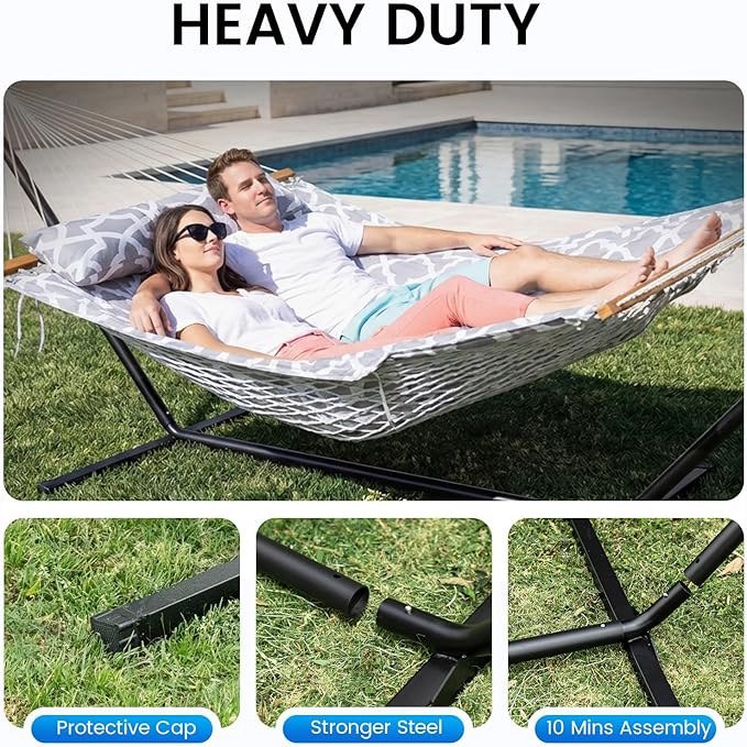 Double Hammock with Stand – Portable Cotton Rope Hammock with Removable Quilted Pad & Pillow, Adjustable Steel Frame for Patio, Backyard, Garden, Park, Camping & Outdoor Relaxation – White Gray
