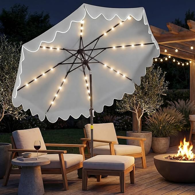 Happygrill 9FT Solar Patio Umbrella, Outdoor Market Table Umbrella with 32 LED Lights, Weighed Base, 2 Sandbags, Tilt & Crank, 8 Ribs, Fabric Canopy Sunshade, Vented Top for Garden Deck Pool Backyard (Gray)