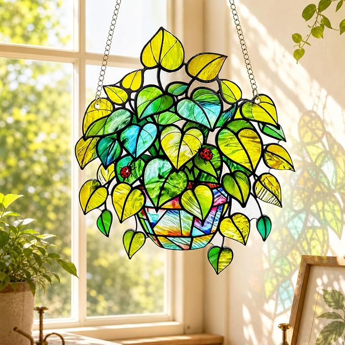 Plant Suncatcher Glass, Stained Glass Suncatcher Plant Window Hanging, Unique Nature Lover Gifts Leaf
