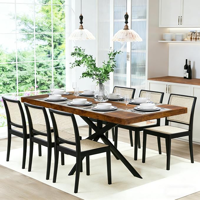 55.11" -70.86" Extendable Dining Room Table, Retro Folding Dining Tables for 4-6 People with Antique Wood Top/Black Fine Sand Cross Iron Foot Base/Storage Box, Brown