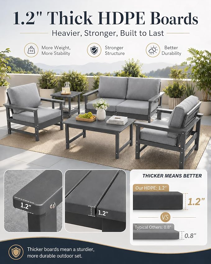 HDPE Outdoor Patio Furniture Set with Cushions, 6 Piece Patio Conversation Set Sofa Set,All Weather Outdoor Couch Set with Coffee Table for Lawn, Garden, Deck