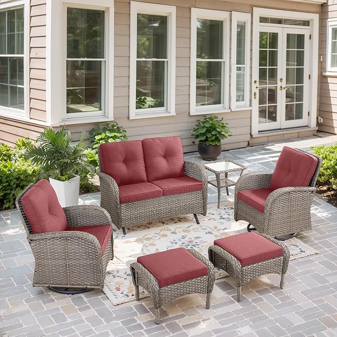 Belord 6 Pieces Wicker Patio Conversation Sets with Outdoor Swivel Rocker Chairs and Loveseat Glider Chair, All-Weather Rattan Furniture Set for Patio Deck Backyard Sunroom