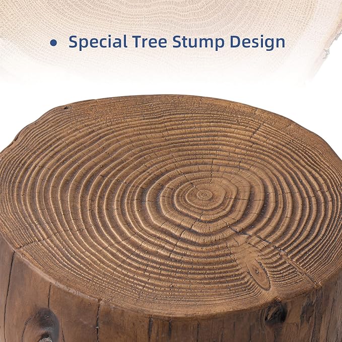 HOMPUS Concrete Outdoor Side Table,Tree Stump Modern Round Accent Table,Plant Stand Faux Wood End Garden Stool for Patio,Home Decor, Living Room(Walnut)
