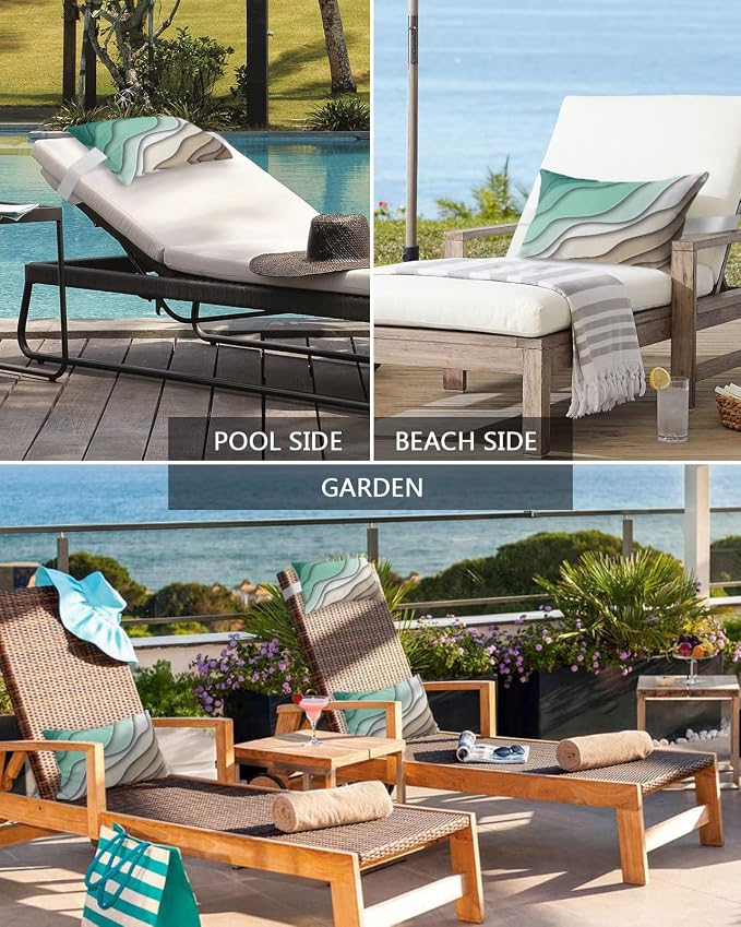 Geometric Ombre Lounge Pillows Outdoor, Aesthetic Green Brown White Gradient Abstract Head Pillows, Modern Waterproof Patio Furniture Lumbar Pillows with Adjustable Elastic Strap for Recliner Beach