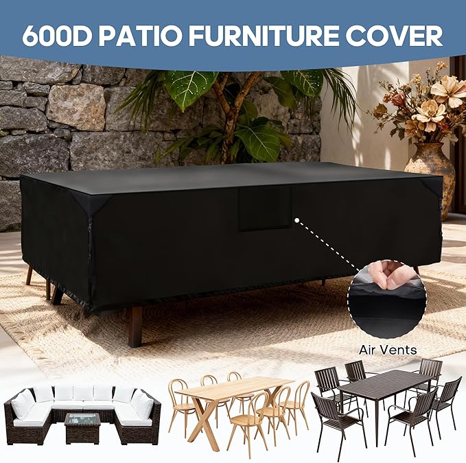 DUMOS Outdoor Furniture Cover, Rectangular Heavy Duty 600D UV Resistant & Waterproof Patio Furniture Covers for Deck Table and Chairs, Backyard Patio Dining Sets, 126"L x 63"W x 28"H, Black