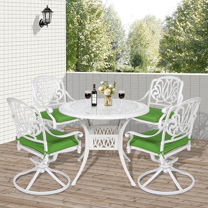 VIVIJASON 5-Piece Outdoor Patio Dining Set, All-Weather Cast Aluminum Conversation Set, Patio Furniture Set for Balcony Lawn Garden, Include 4 Swivel Chairs, 1 Round Table w/Umbrella Hole, White