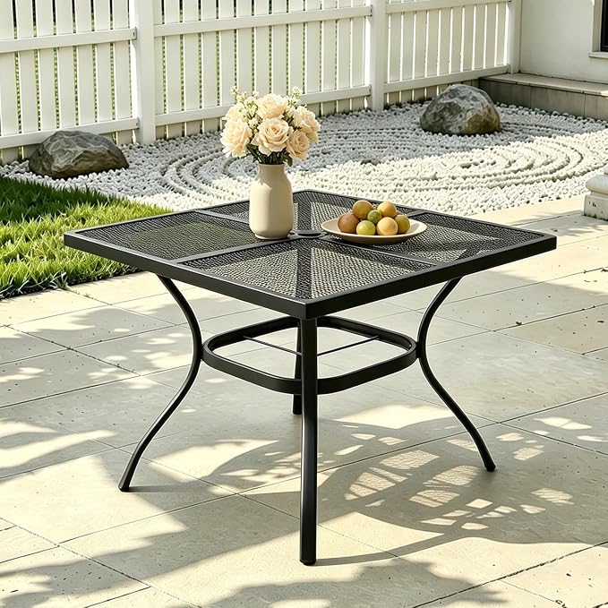 Square Metal Mesh Patio Dining Table for 4, Black Electroplated Steel Outdoor Dining Furniture Table with Umbrella Hole, Patio Furniture for Backyard, Porch, Deck