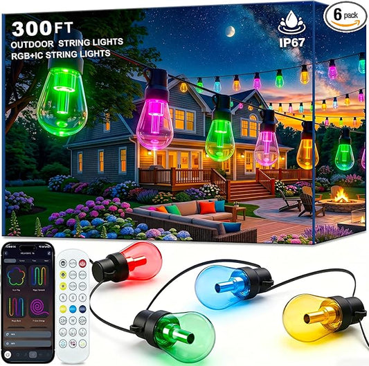 AHRLHR 300FT RGB+IC Outdoor String Lights,Outside Light Dimmable Shatterproof LED Bulbs,Balcony, Outdoor Living， IP67 Waterproof Chasing Effect Lighting DreamColor Patio Strip Lights for Backyard