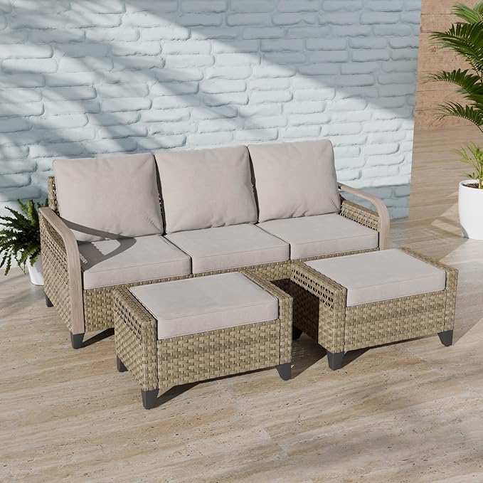 COOS BAY Modern Wicker Outdoor Furniture Set, 3 Piece Patio Conversation Set with a 3 Seat Couch and 2 Ottomans, 3 Piece, Brown/Gray