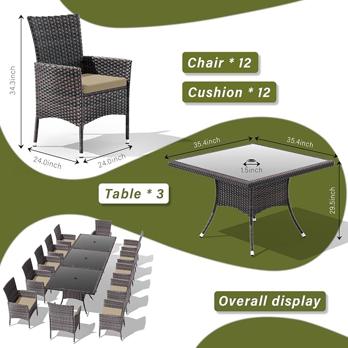15 Pieces Outdoor Patio Dining Set,Patio Table and Chairs Rattan Outdoor Patio Furniture Set with Umbrella Hole,Dining Table Set for 12 with Chairs for Backyard,Garden and Kitchen,Brown