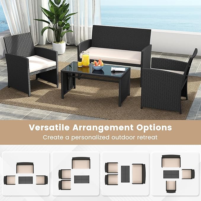 Tangkula 4 Pieces Patio Wicker Furniture Set, Outdoor Heavy Duty Rattan Cushioned Chairs, Loveseat and Tempered Glass Coffee Table, for Backyard, Balcony, Poolside (1, Off White)