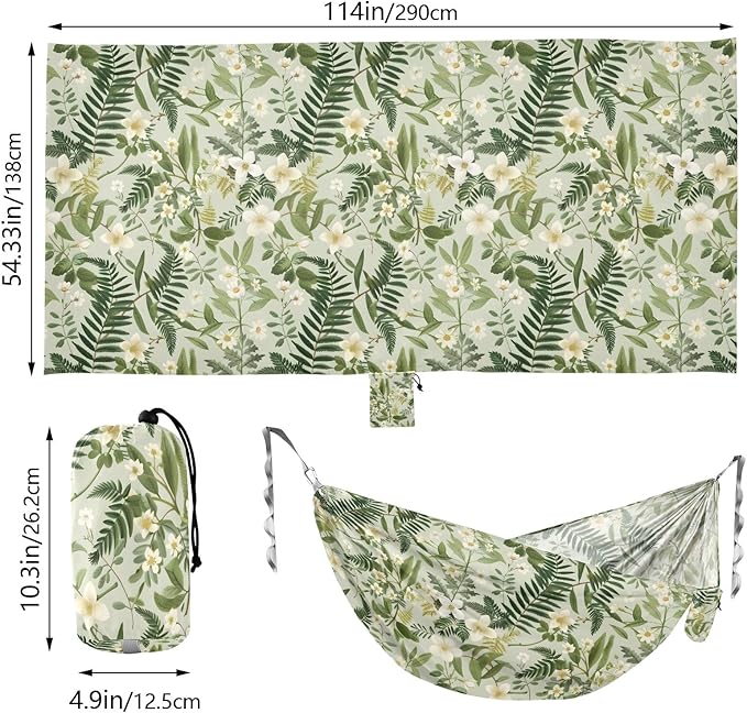 Camping Hammock Outdoor Hammocks for Outside Green Plant Flowers Beach Trees Portable Lightweight with Pockets Tree Straps Indoor