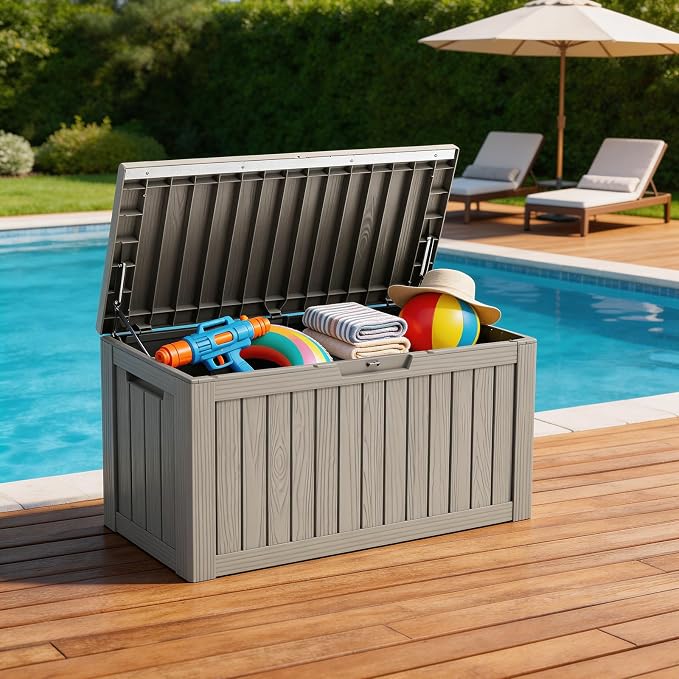 Outdoor Deck Storage Box, 90 Gallon Waterproof Deck Box, Resin, Lockable Patio Storage Box for Pool Accessories, Garden Tools, Cushion, Large Package Delivery，Weatherproof & UV-Resistant Storage Bench