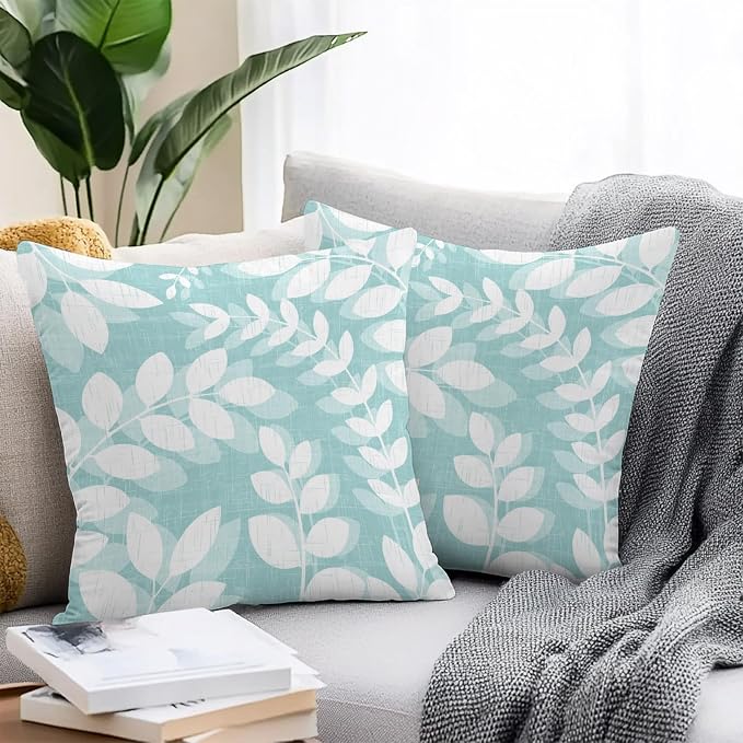 Pale Teal Leaves Outdoor Waterproof Throw Pillow Covers 26x26 Set of 2, Farmhouse Botanical Branch Vintage Boho Leaf Decorative Pillowcases Cushion Pillowcase for Couch Sofa Patio Pillow Protector