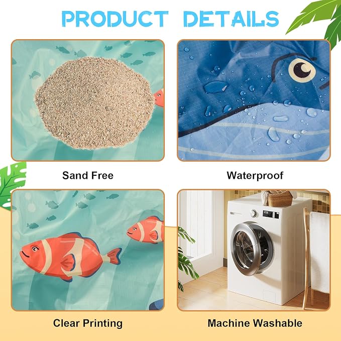 6.5 X 6.5Ft Baby Beach Pool, 2 in 1 Square Portable Cartoon Ocean Theme Toddler Beach Puddle, Waterproof Sandproof Cute Toddler Paddling Pool Beach Blanket with Carrying Bag for Boys Girls