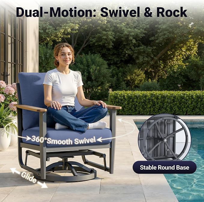 Aluminum Outdoor Patio Furniture Set, 11-Piece Sectional Sofa with 5.1" Thick Cushions, Swivel Rocking Chairs, 55,000 BTU Fire Pit Table, Outdoor Couch for Backyard, Deck, Navy Blue