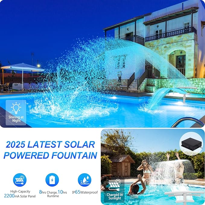 Pool Fountain with Lights for Above and Inground Pools, Dual-Layer Spray Solar Power Pool Waterfall Sprinkler Chiller Aerator, Water Fountain Swimming Pool Accessories with 9-Color Lights and 4 Modes